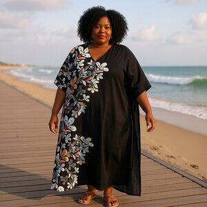 Women Plus Size Fit and Flare Floral Printed Black Kaftan Dress by Gypsie Blu
